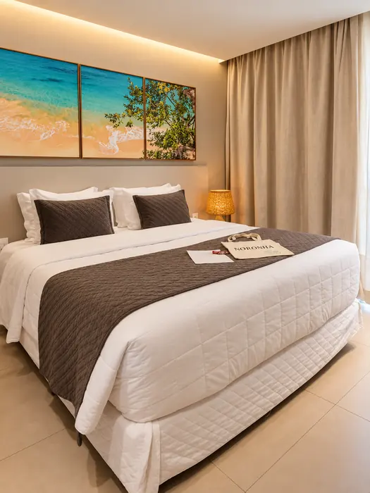 Cama do quarto Deluxe com decoração em tons neutros