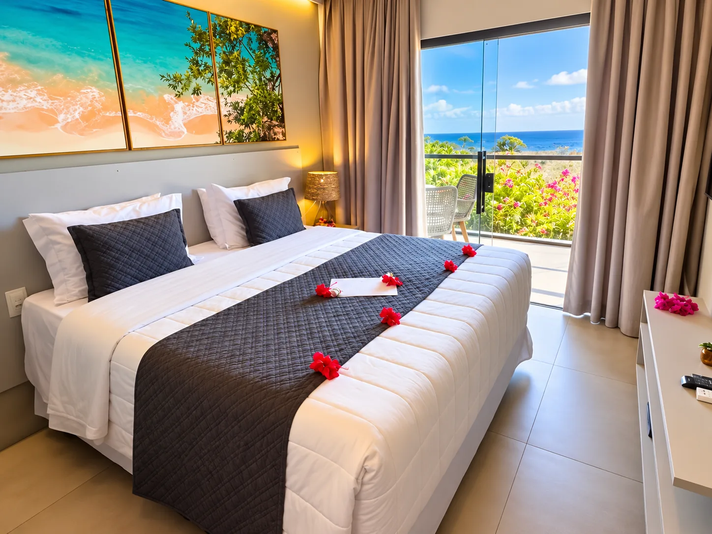 Cama do quarto Deluxe com varanda e vista para o mar