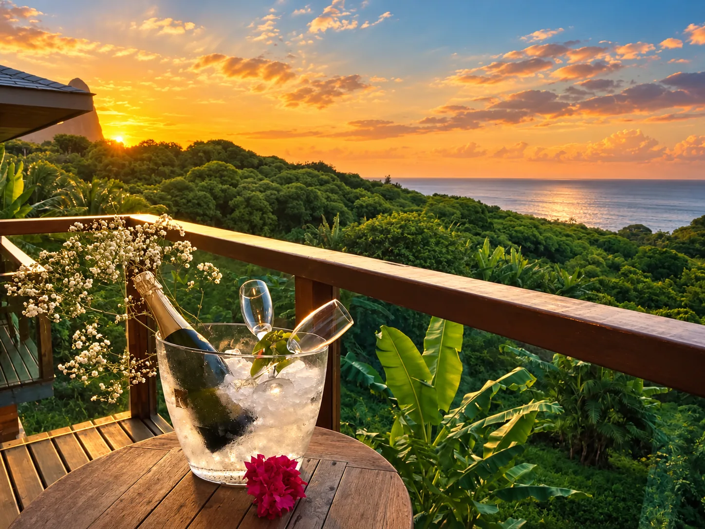 Varanda com espumante e vista para o pôr do sol