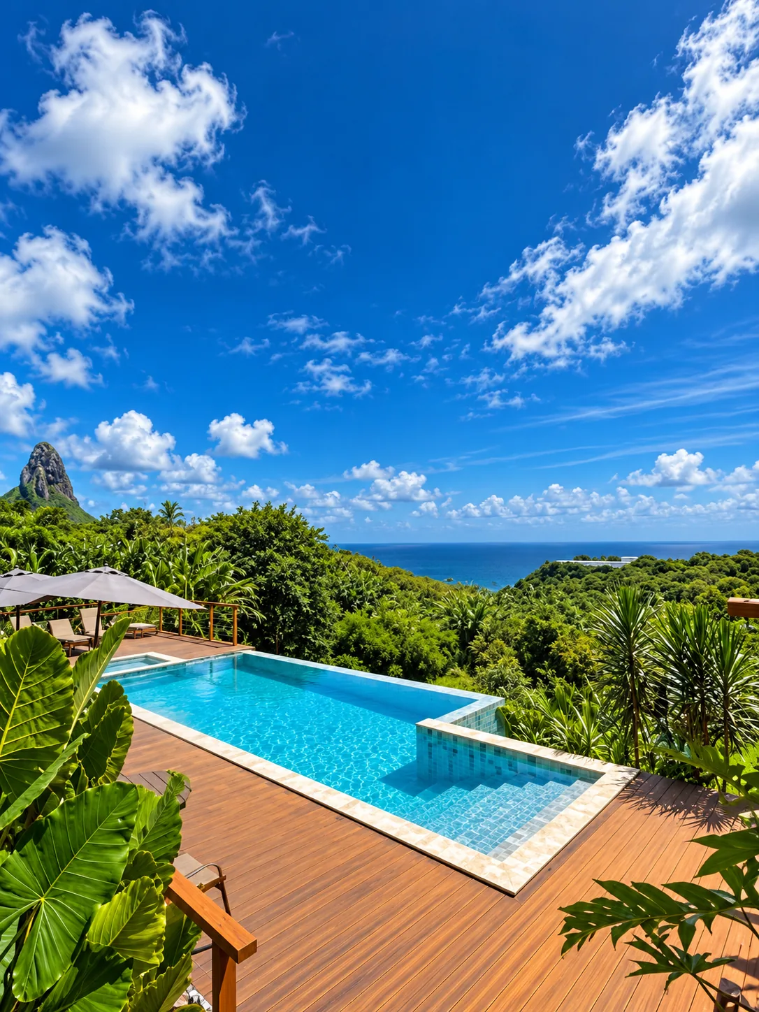 Outdoor pool overlooking the ocean at Pousada Miragem Noronha