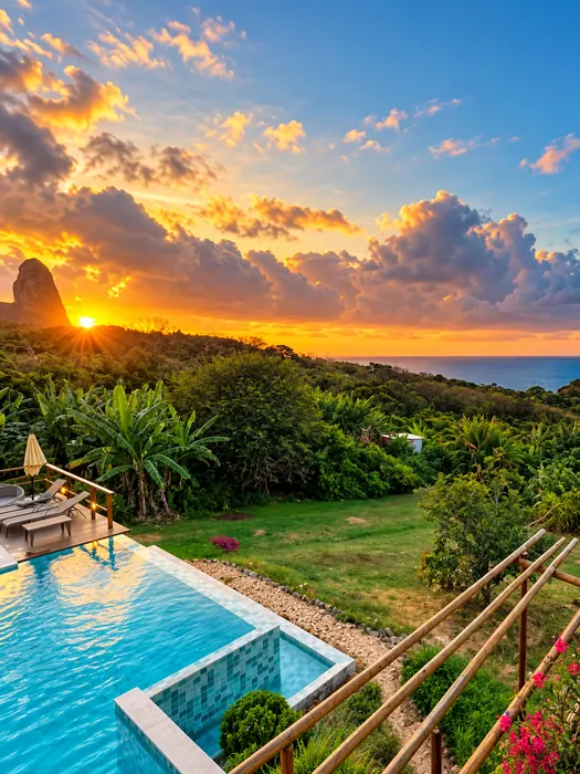 Pôr do sol sobre a piscina e a vegetação tropical