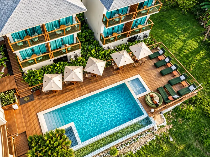 Overhead view of the pool deck and sun loungers